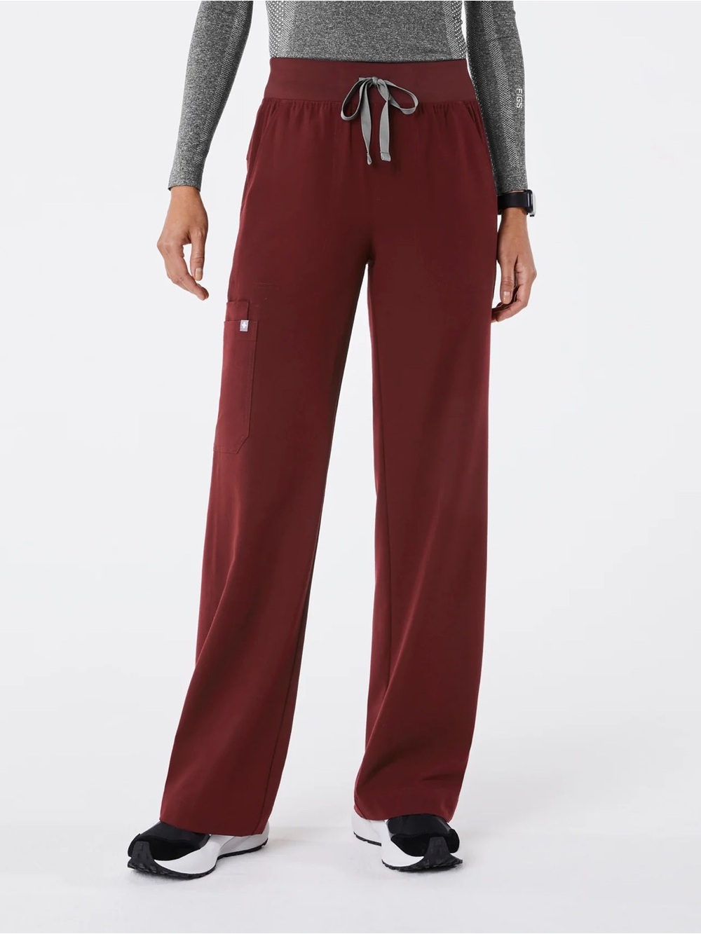Figs Wide-Leg Drawstring Pants in Burgundy with Gray Tie